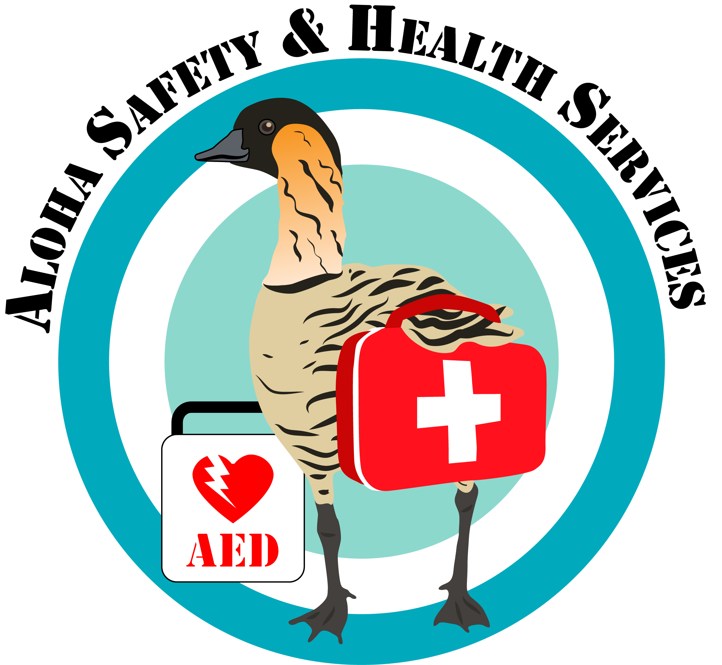 Aloha Safety and Health Services logo with a nene holding a first aid kit next to an AED.